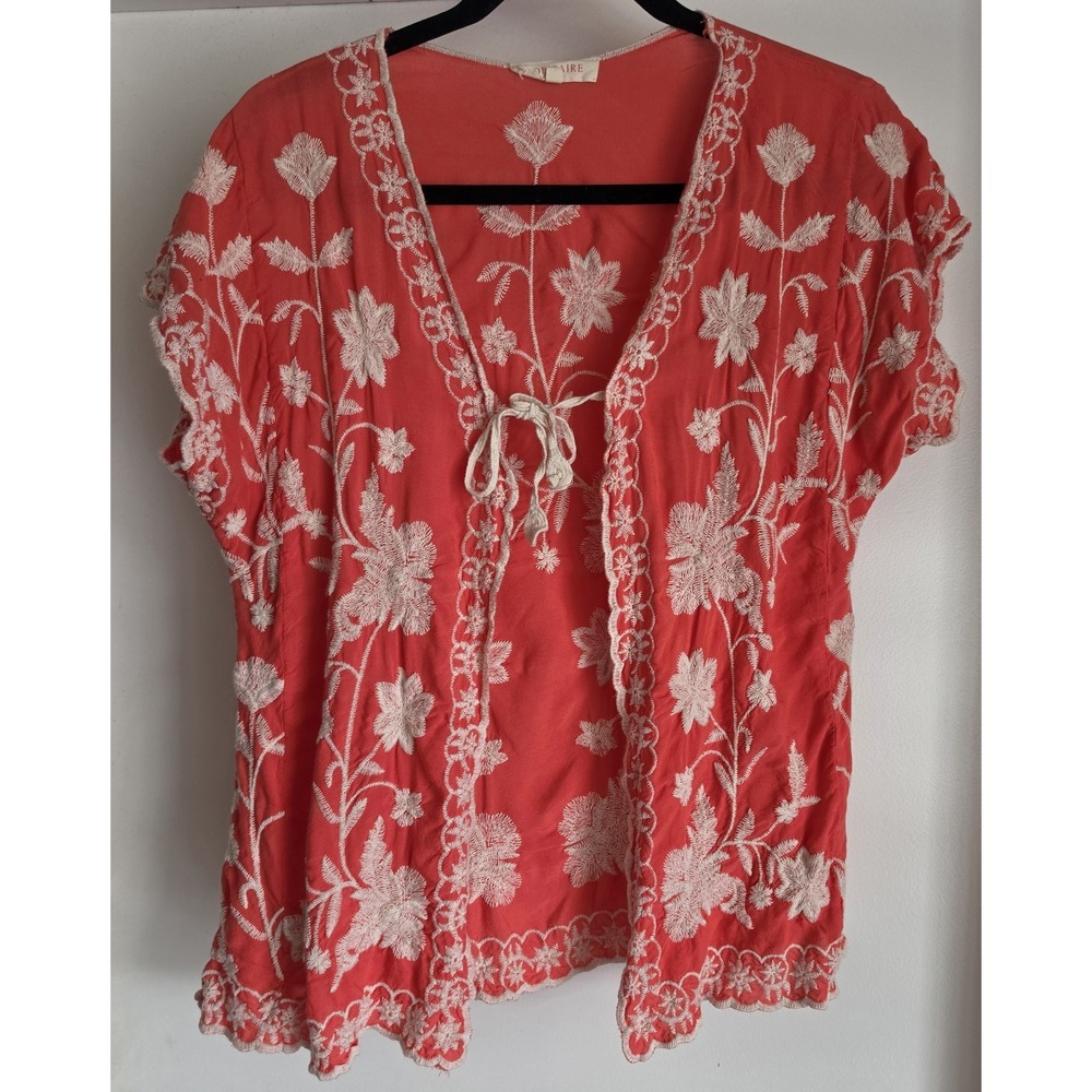 Solitaire Women M Red Floral V-Neck Short Sleeve Blouse Open Top Boho Embroidery